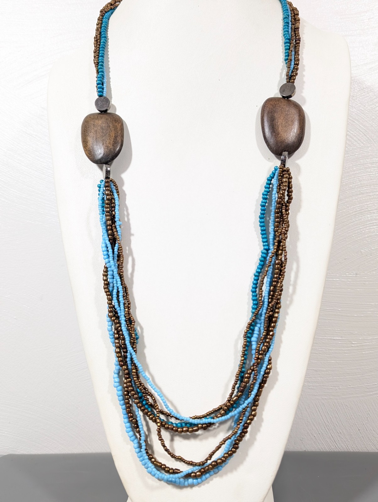 Beachy Boho Tribal Blue Bronze tone Multi Strand Bead Long Necklace 36 in
