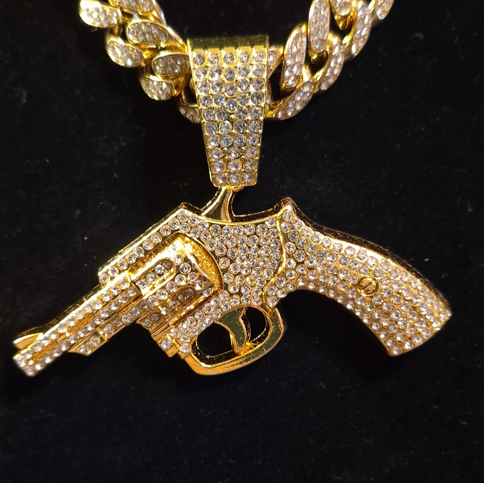 Gold Plated Cuban Link Chain Necklace w/ Gun Charm, Simulated Diamond, Box