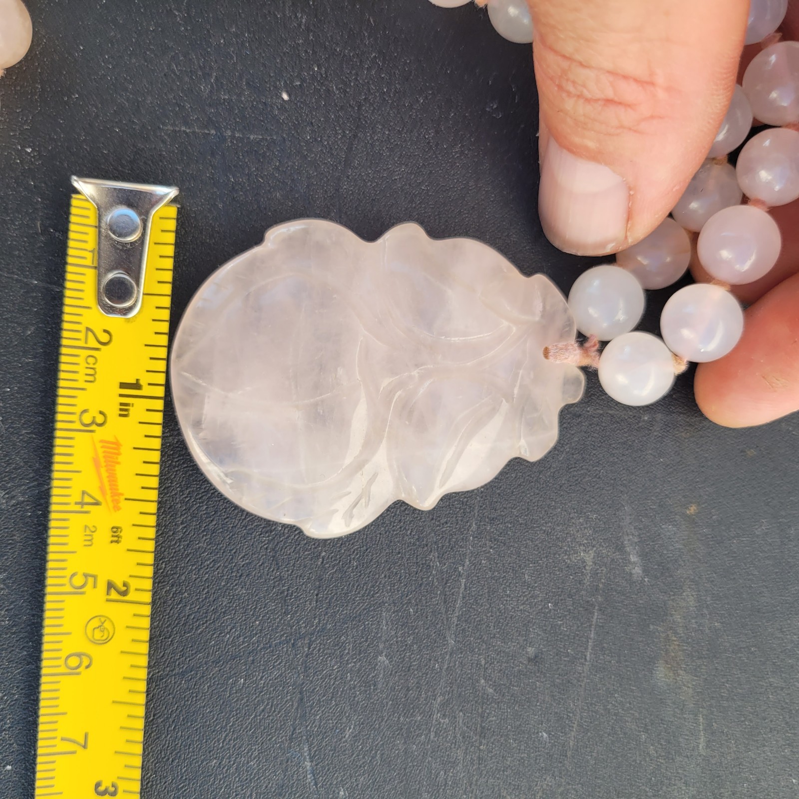 Hand-Knotted Natural Rose Quartz Bead Necklace with Carved Pendant 10mm 32″