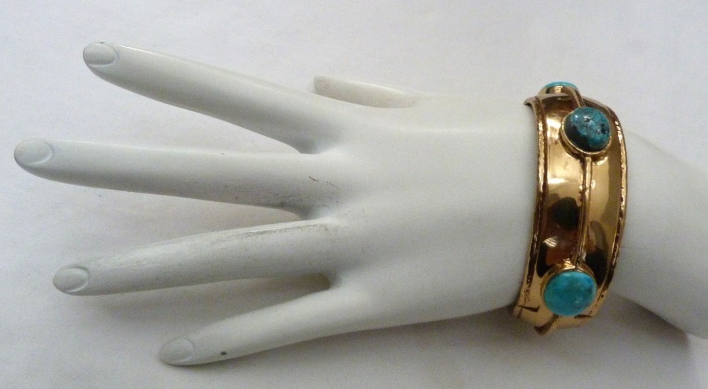 DESIGNER SX SALLY C GOLD VERMEIL TURQUOISE GEMSTONE HINGED KICK CUFF BRACELET