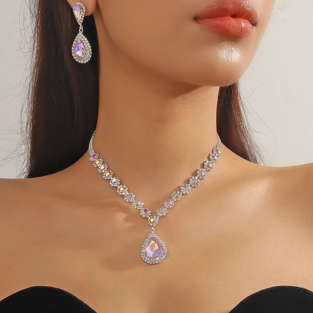 Luxury Red Green Blue Crystal Necklace Earrings For Women Water Drop Pendant
