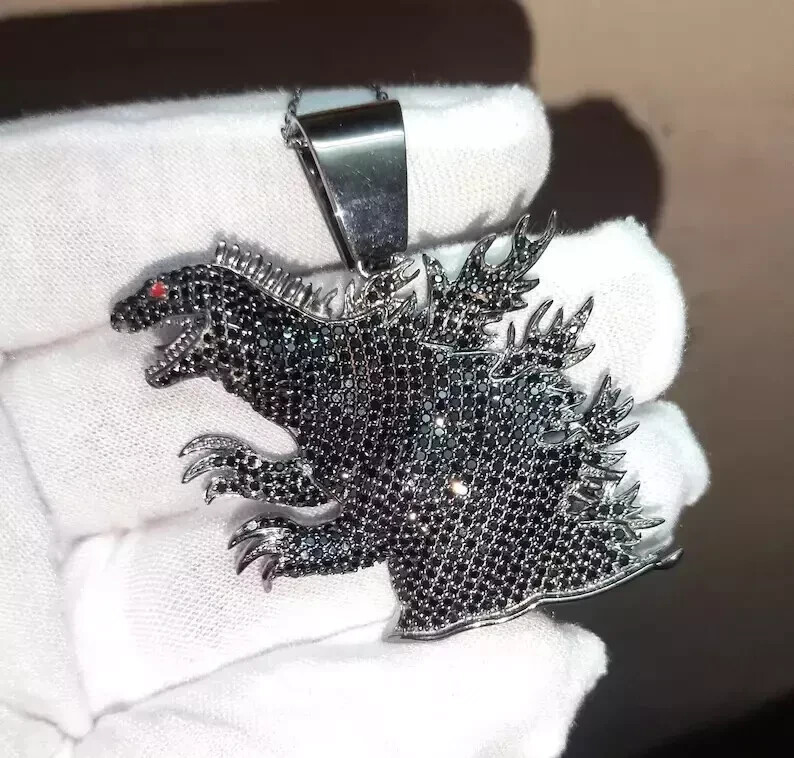 5.30 Ct Round Cut Simulated Black Diamond Godzilla Pendant 14k White Gold Plated