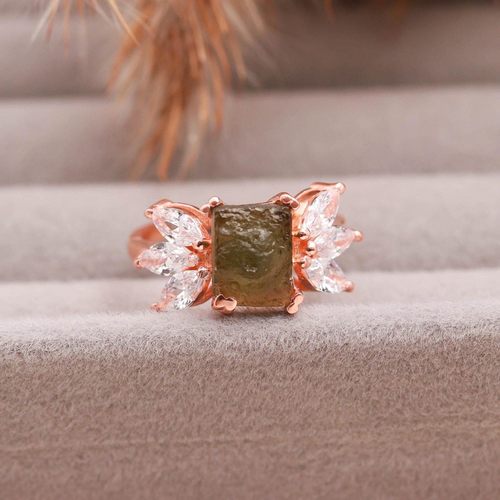Rough Moldavite Octagon Ring Rose Gold Plated Solid Silver Jewelry Gift For Her