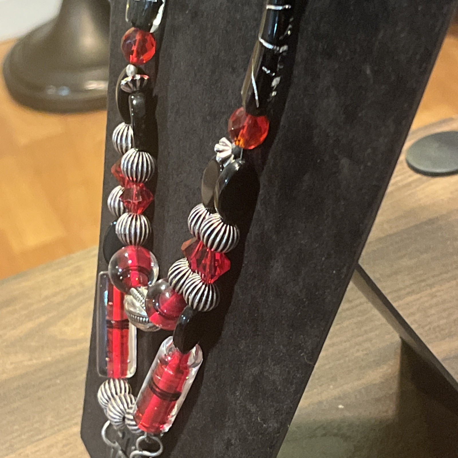 925 Sterling Silver Barbie Koncher necklace Red Black Murano Glass Layered Vtg