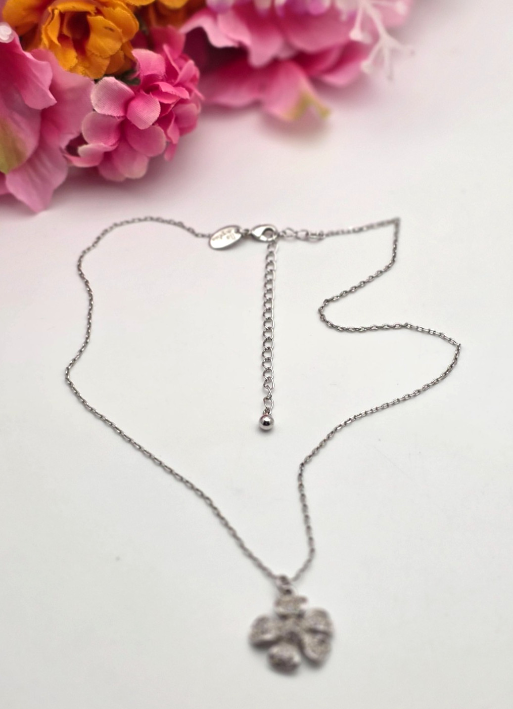 Lia Sophia Crystal Flower Pendant Necklace Silver Tone 19 In Adj. Floral Sparkle