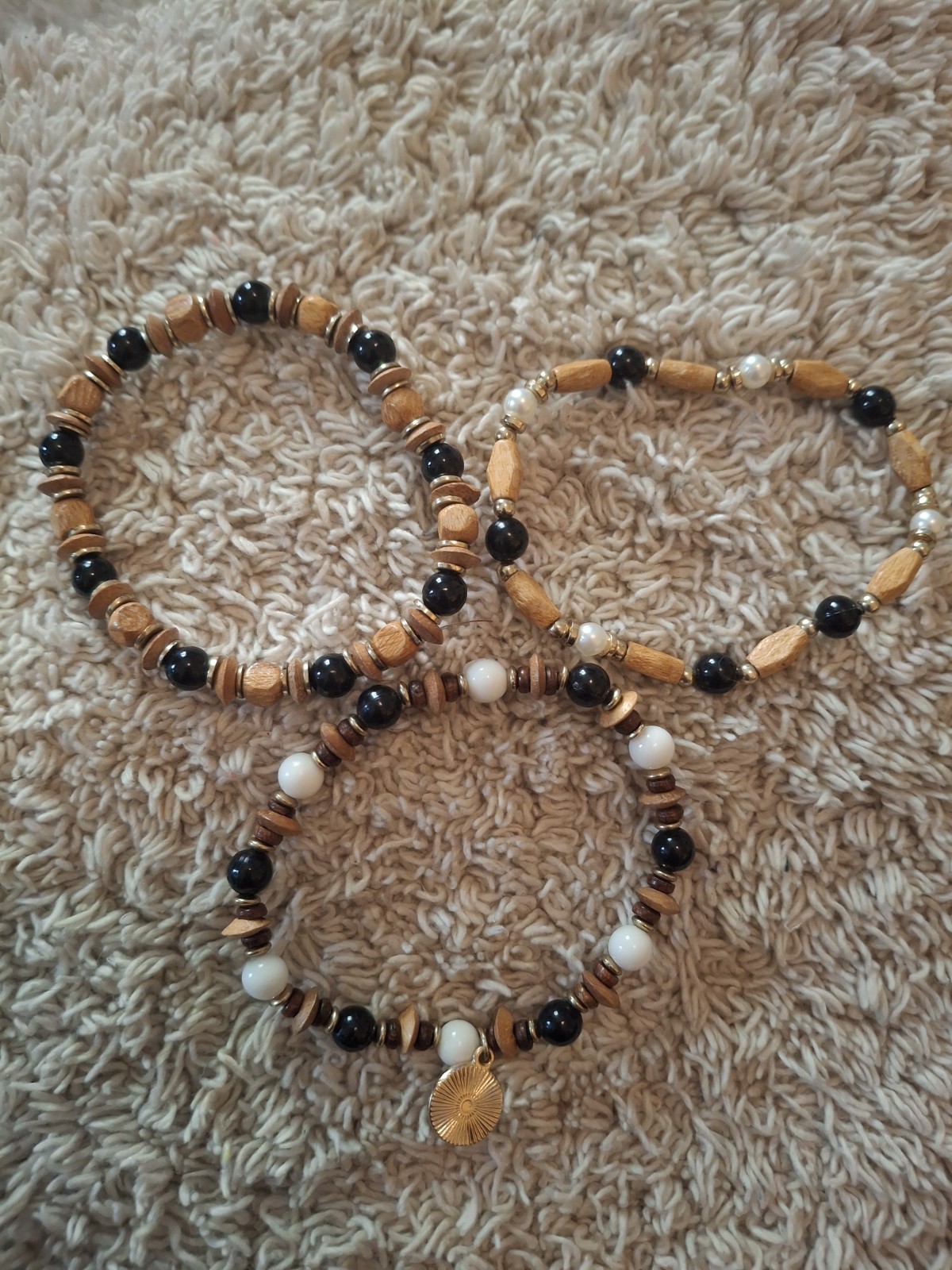 3 Bracelets – Brown Wooden Beads Accented With Black or Off White Beads.