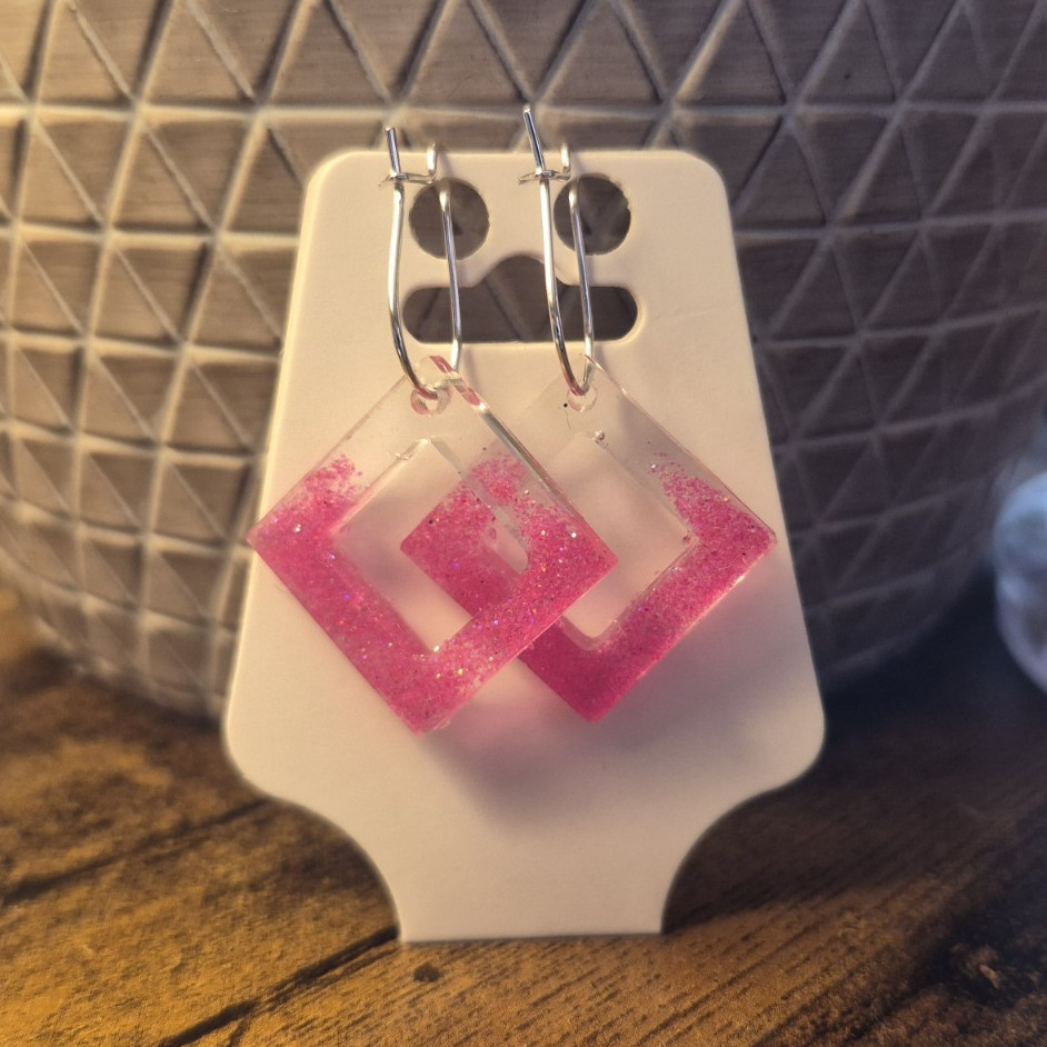 Pink Resin Geometric Square Dangle/Drop Hook Earrings, No Stone