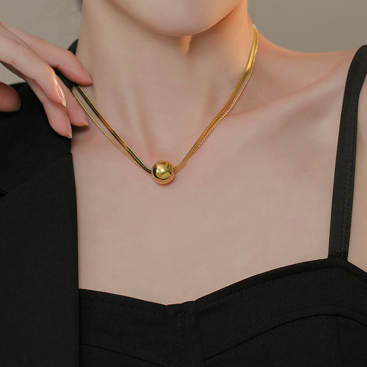 Woman 18k Gold Plated Stainless Steel 2 Layers Ball Charm bead Chain Necklace