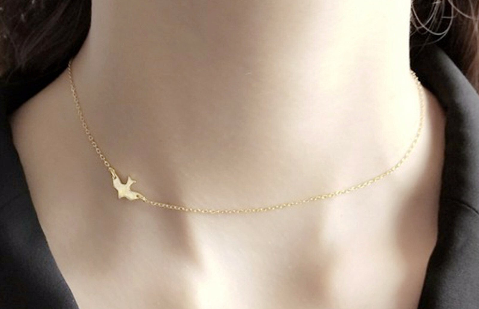 Women / Girl Gold Plated 925 Sterling Silver Bird Choker Chain Necklace 12-15″