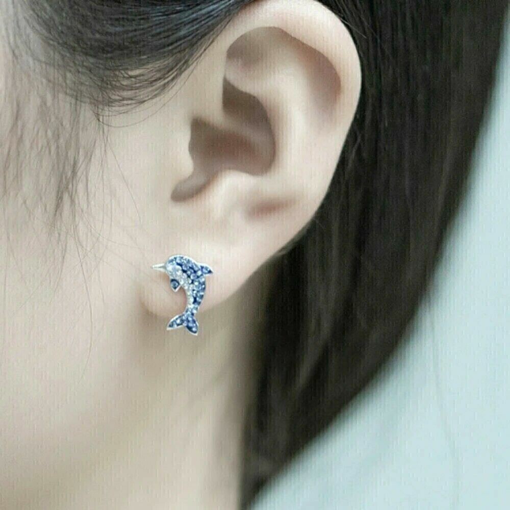 1.00 Ct Simulated Round Cut Sapphire Dolphin Stud Earring 14k White Gold Plated