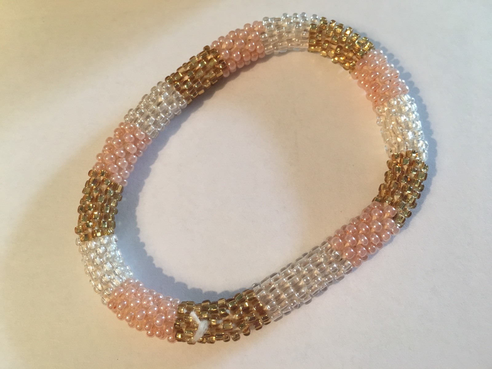 QVC GOLD PINK WHITE BEADS BRAIDED BEAD 6-3/4″ BRACELET QVC