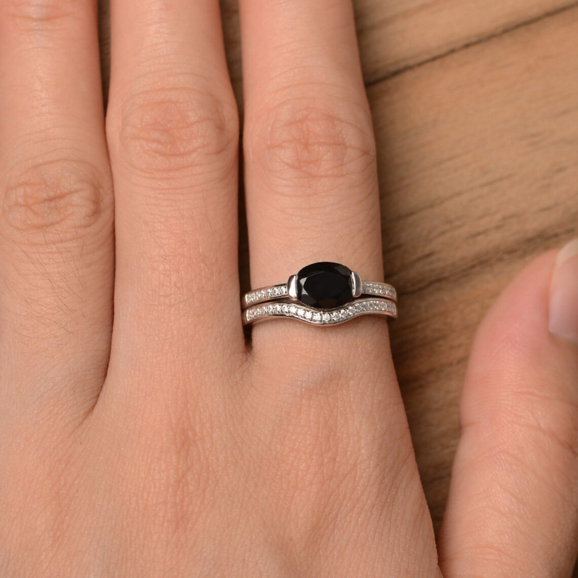 2CT Black Spinel Oval Gemstone 925 Silver Plated Stack Ring Duty Free