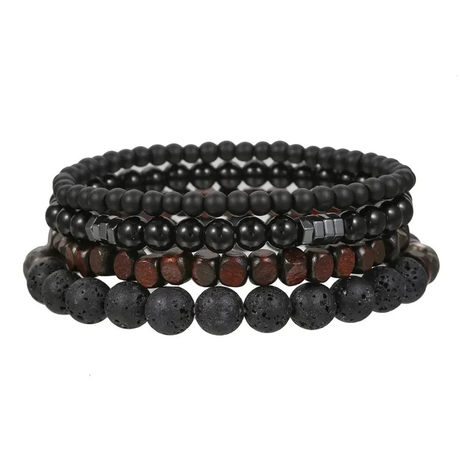 4pcs Black Stone & Wood Bead Elastic Bracelet Set for Men Women