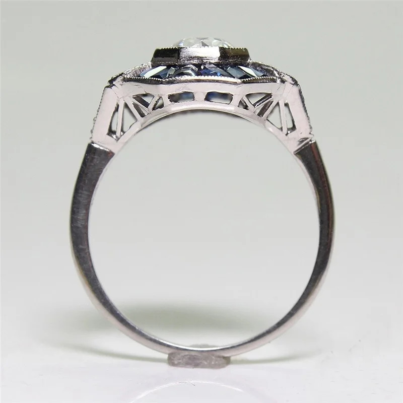 Sapphire Ring Irregular Ladder Tension Setting Geometric Women Jewelry