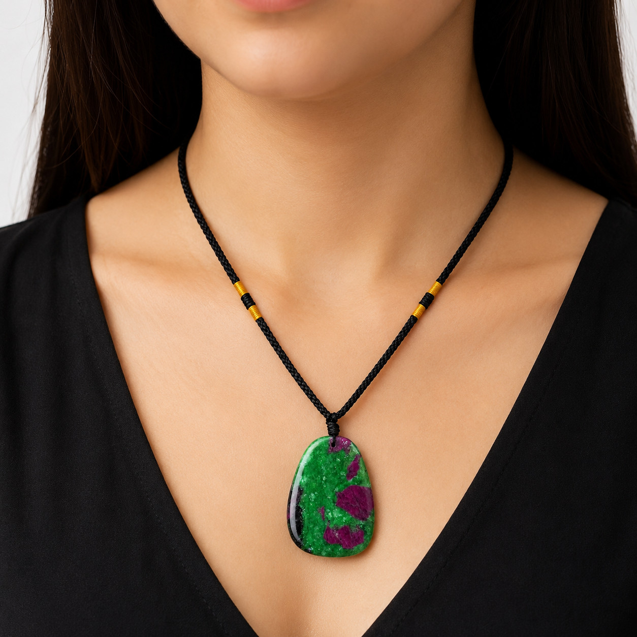 Large Ruby Zoisite Necklace Anyolite Crystal Pendant Adjustable Cord Jewelry