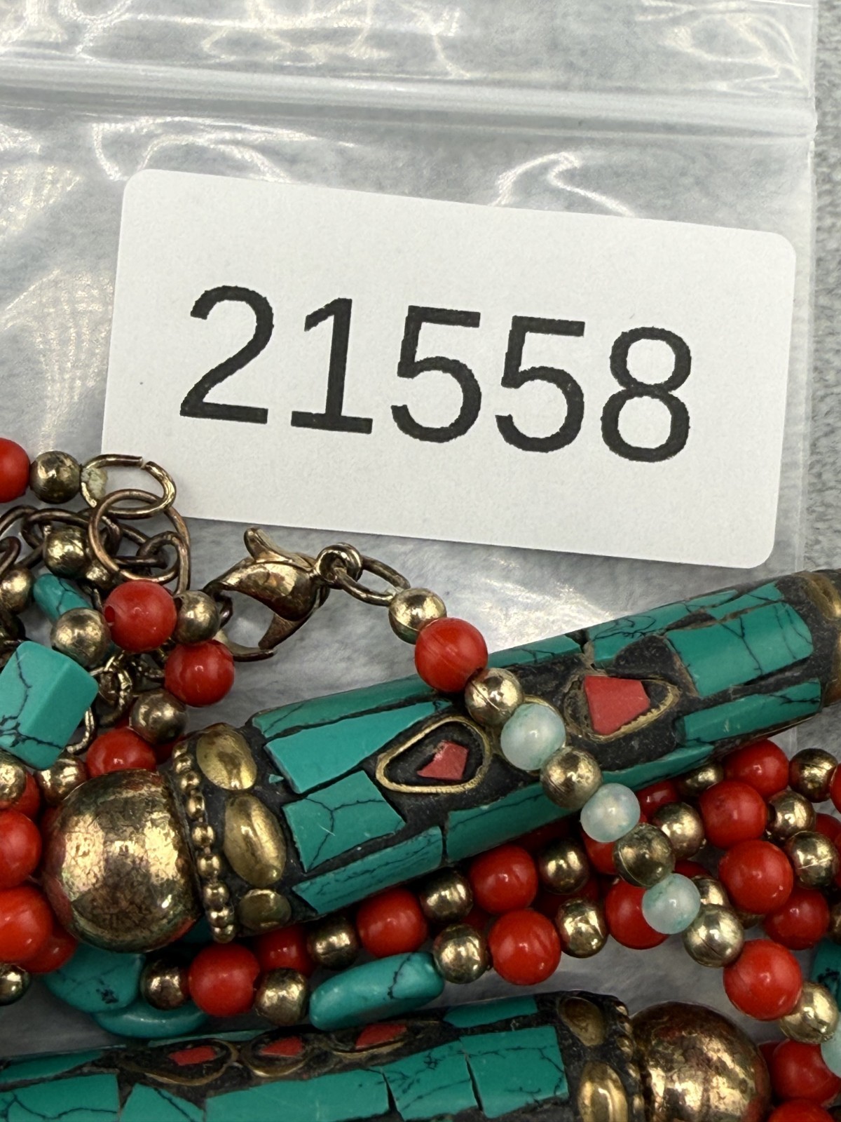 Bohemian Retro Layered Necklace Tibetan Style Red Blue Beads Gold Tone 26″