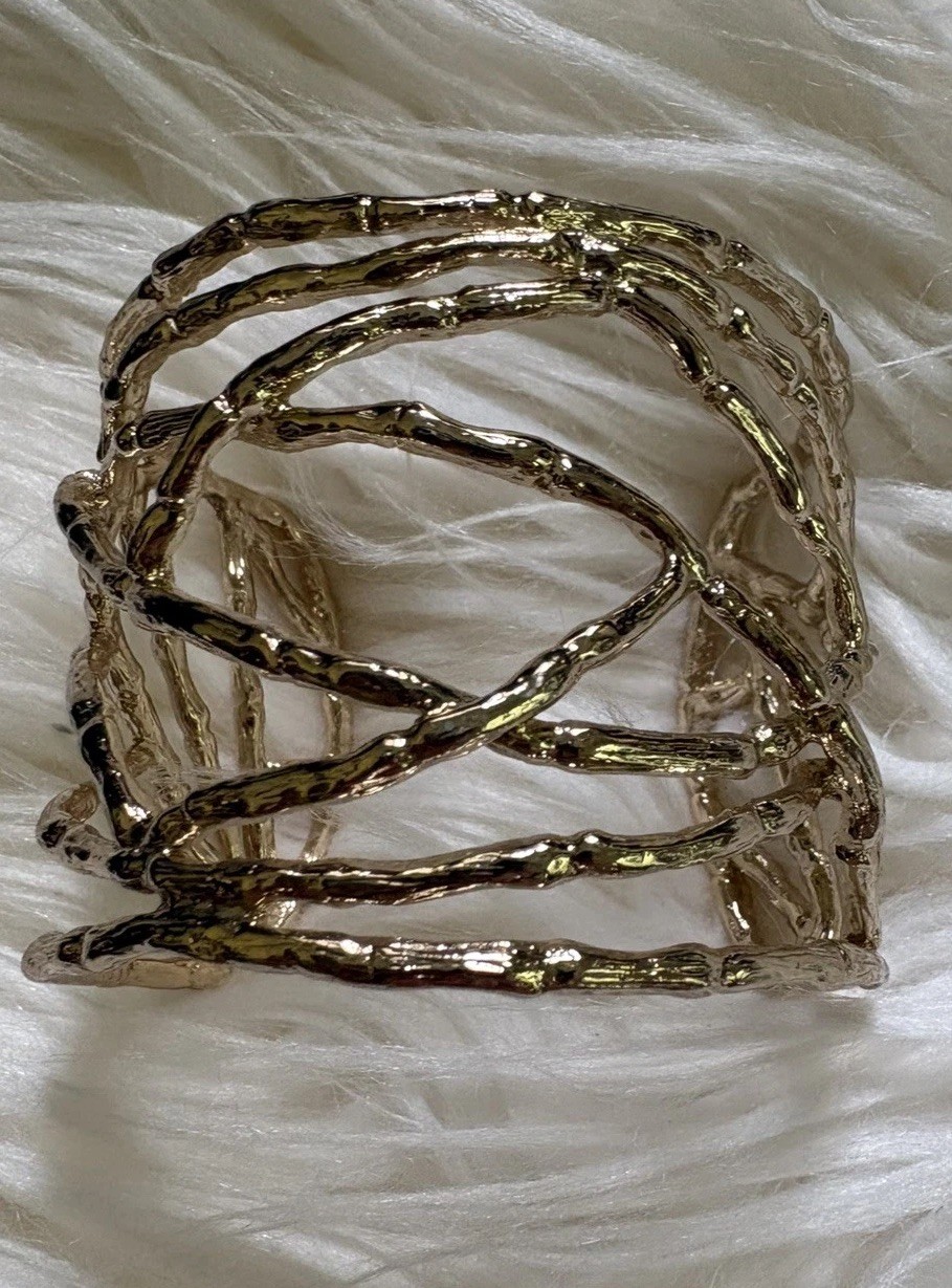 Kendra Scott “Patricia” Bamboo Cage Cuff Bracelet Gold Textured Statement, Wide