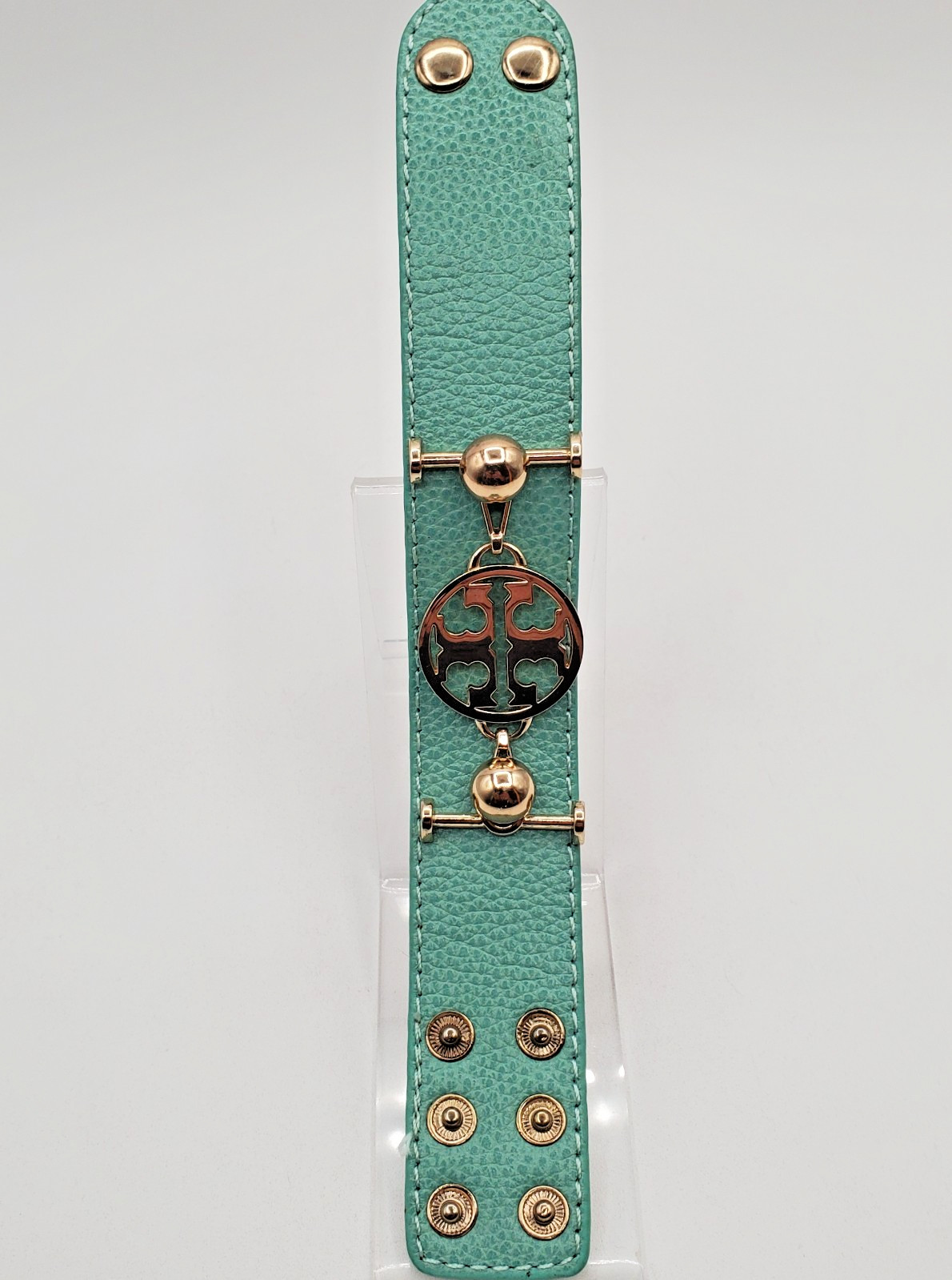 TT Monogram Wrap Bracelet 1in Wide Mint Green Pebble Leather Gold Tone Hardware