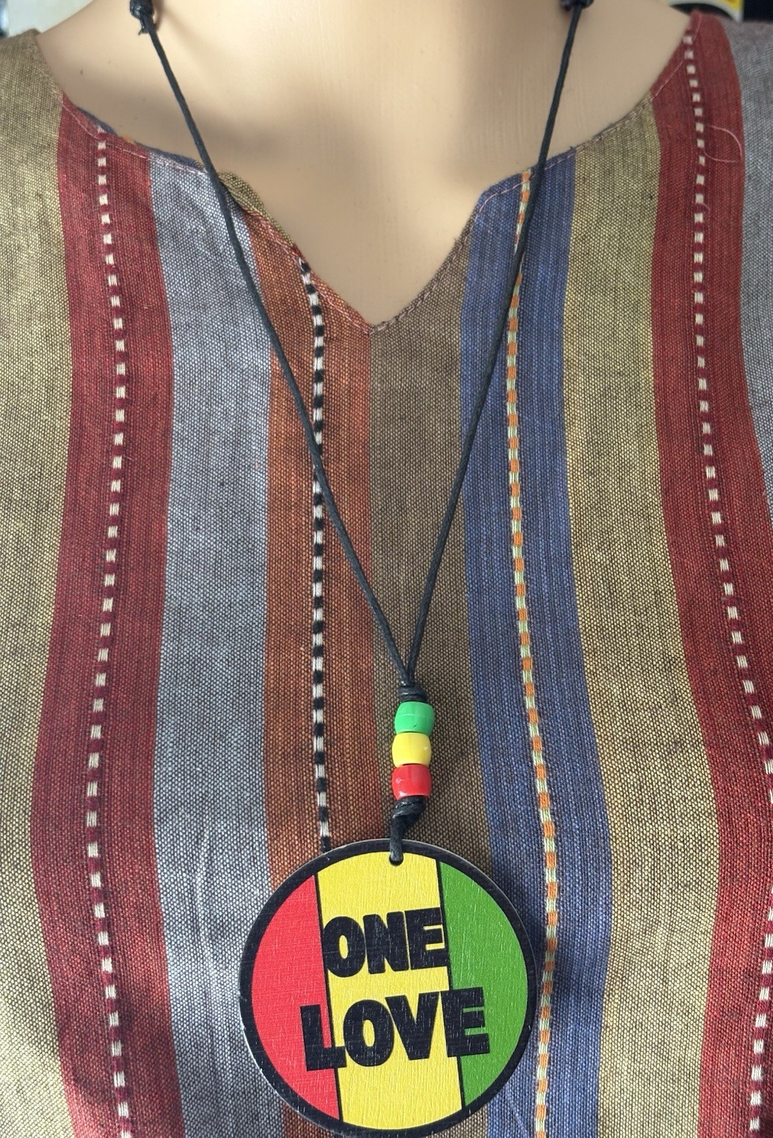 One Love Rasta Round Charm Pendant Black Cord Wood Necklace Adjustable Tie