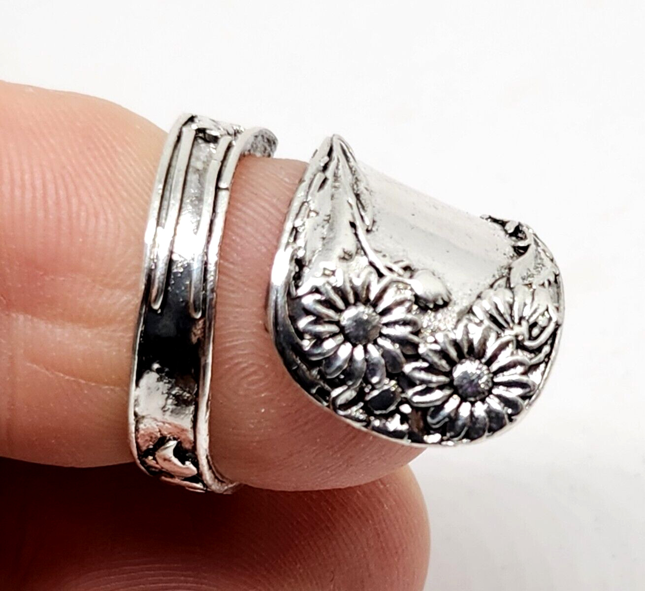Daisy Flower Ring Spoon Wrap Round Adjustable s925 Silver Ring Metal Jewellery
