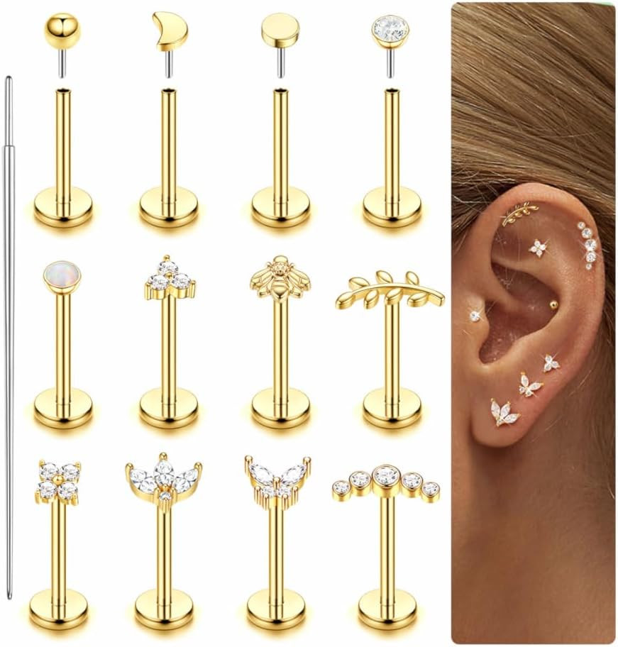 14K Gold Plated Threadless Flat Back Earrings for Women Men 316L Surgical Steel