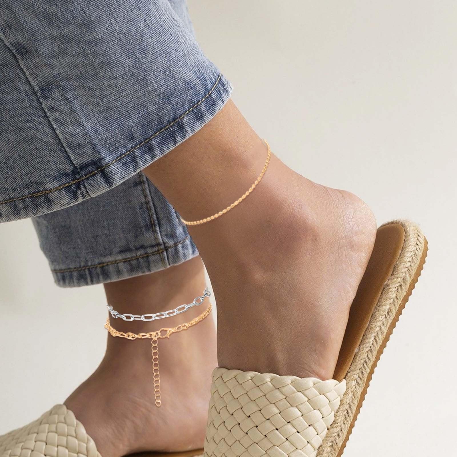 KFHENSOMR 12pcs Gold/Silver Ankle Bracelets for Women Medium, Gold + Silver