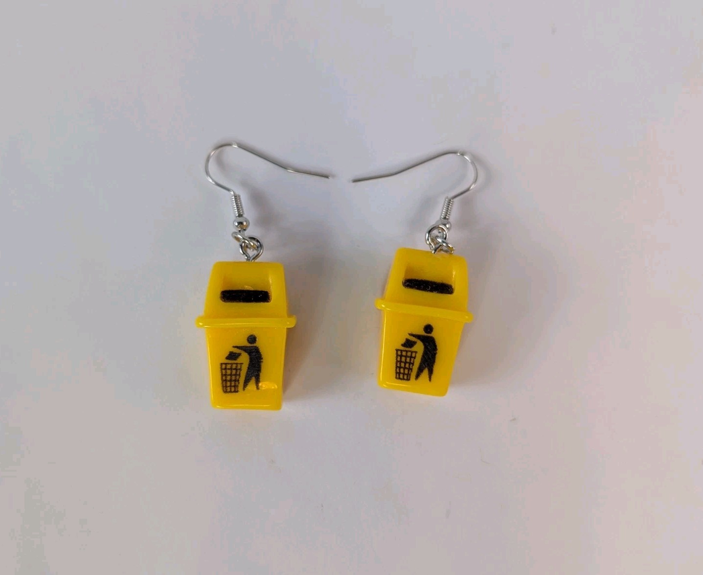 3D Yellow Black Trashcan Silver Tone Hook Dangle Drop Pierced Earrings Novelty