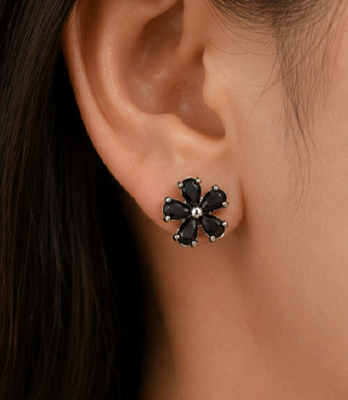 2.32Ct Pear Cut Simulated Black Onyx Flower Stud Earrings 14k White Gold Plated