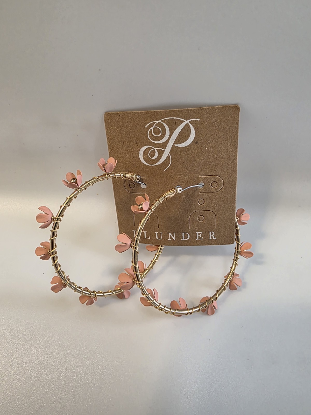 Plunder Gold Tone Pink Flower Round Hoop Hook Earrings for Lobe Metal No Stone