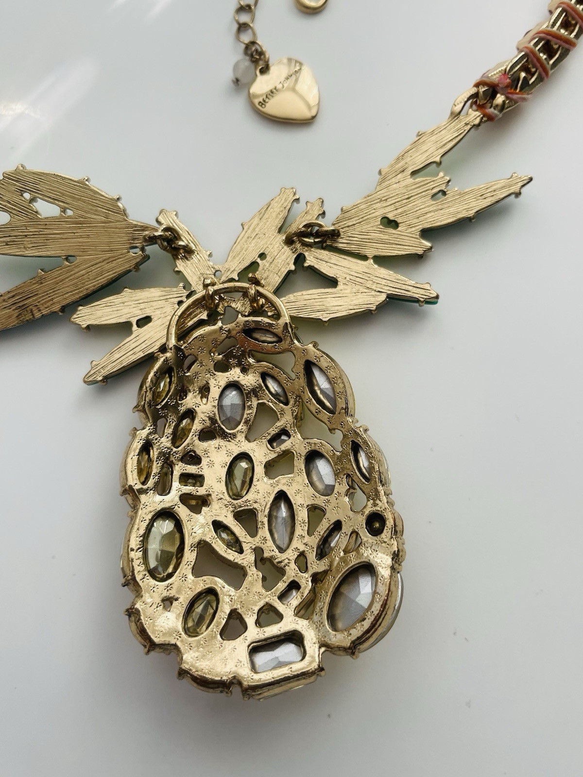 Betsey Johnson Very Large Rhinestone Pineapple Pendant Statement Necklace 18″