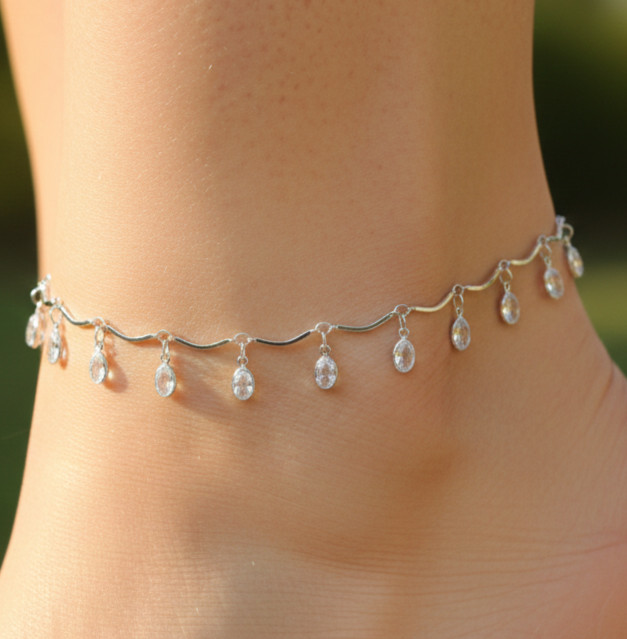 Elegant Silver Tone Infinity Anklet Sparkling Clear CZ Minimalist Chain Anklet