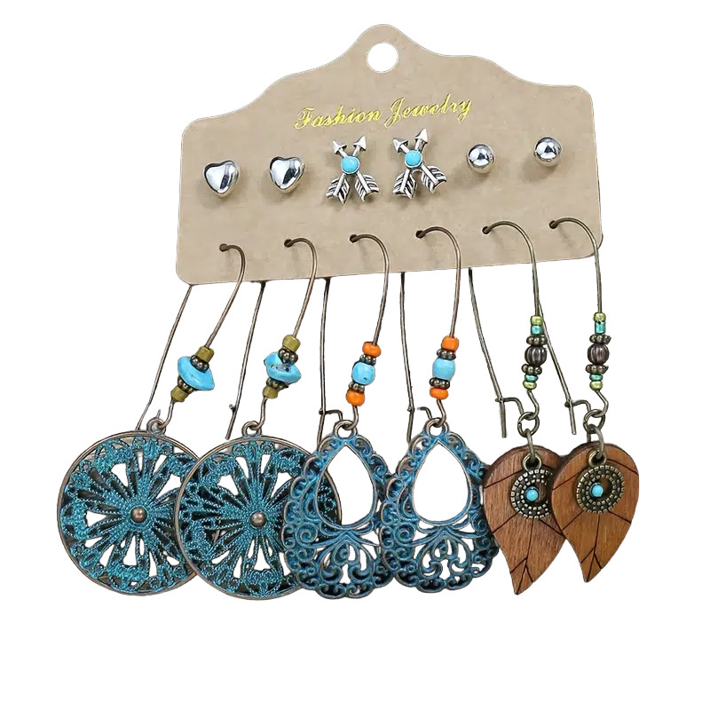 6 Pair Retro Ethnic Style Brass & Silver Plated Turquoise Earrings – New