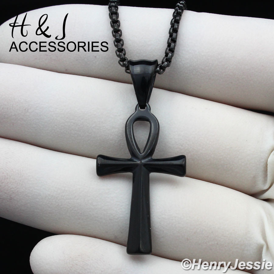 16″-30″MEN Stainless Steel 2mm Black Plated Box Chain Ankh Cross Pendant*ABP112