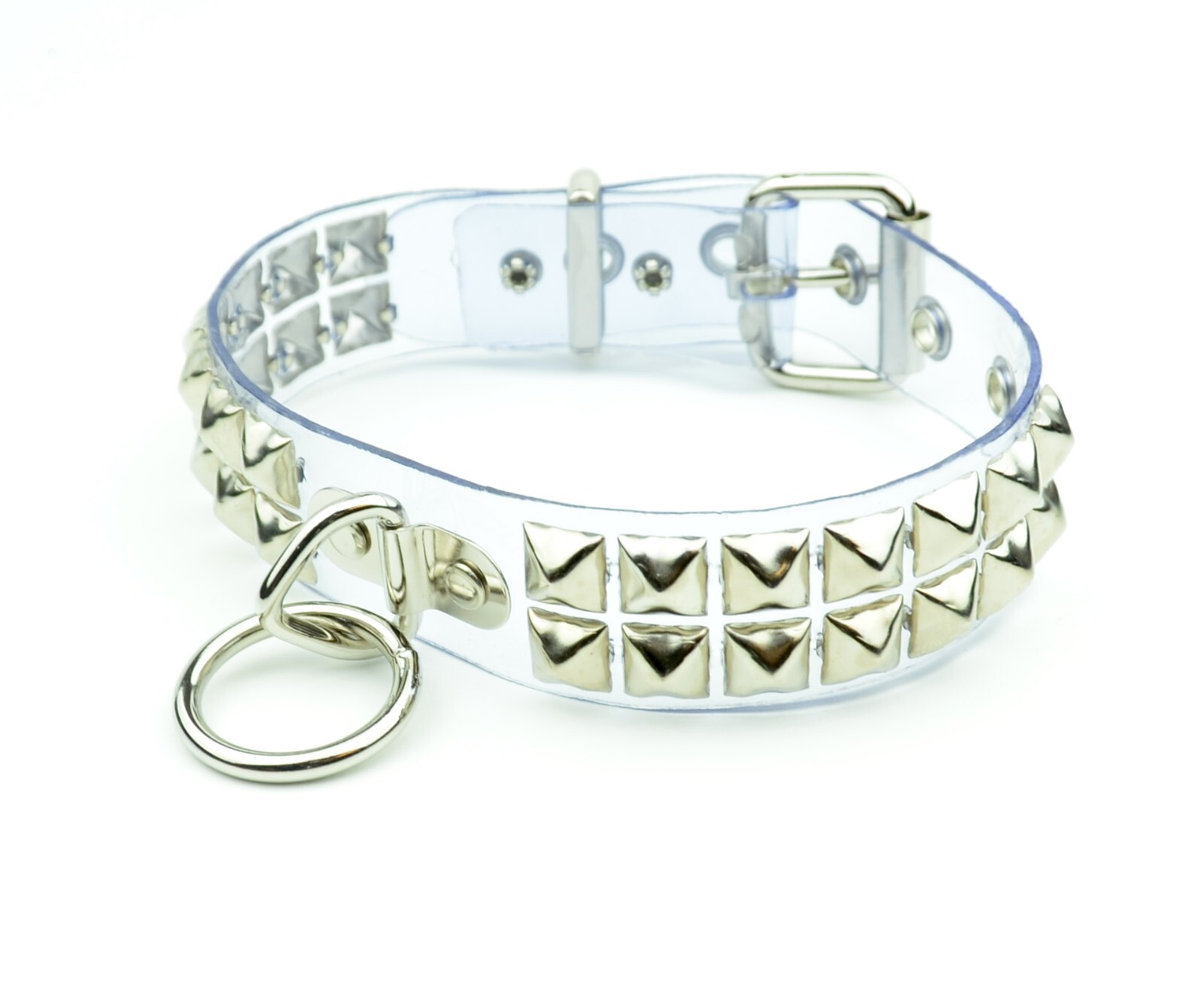 Clear Vinyl Studded Bondage Collar With Ring Double Rows Pyramid Punk Goth