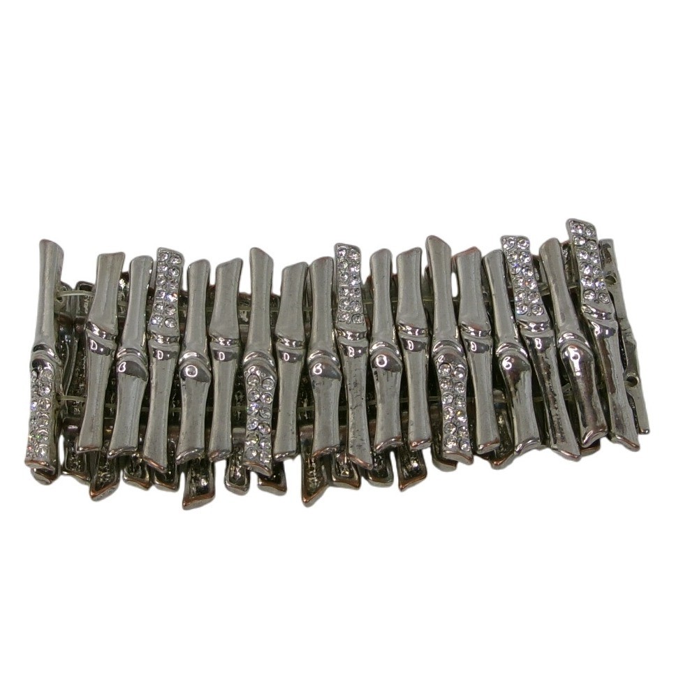 Sparkling Bamboo Link Stretch Bracelet Silver Tone Rhinestone Crystal Accents