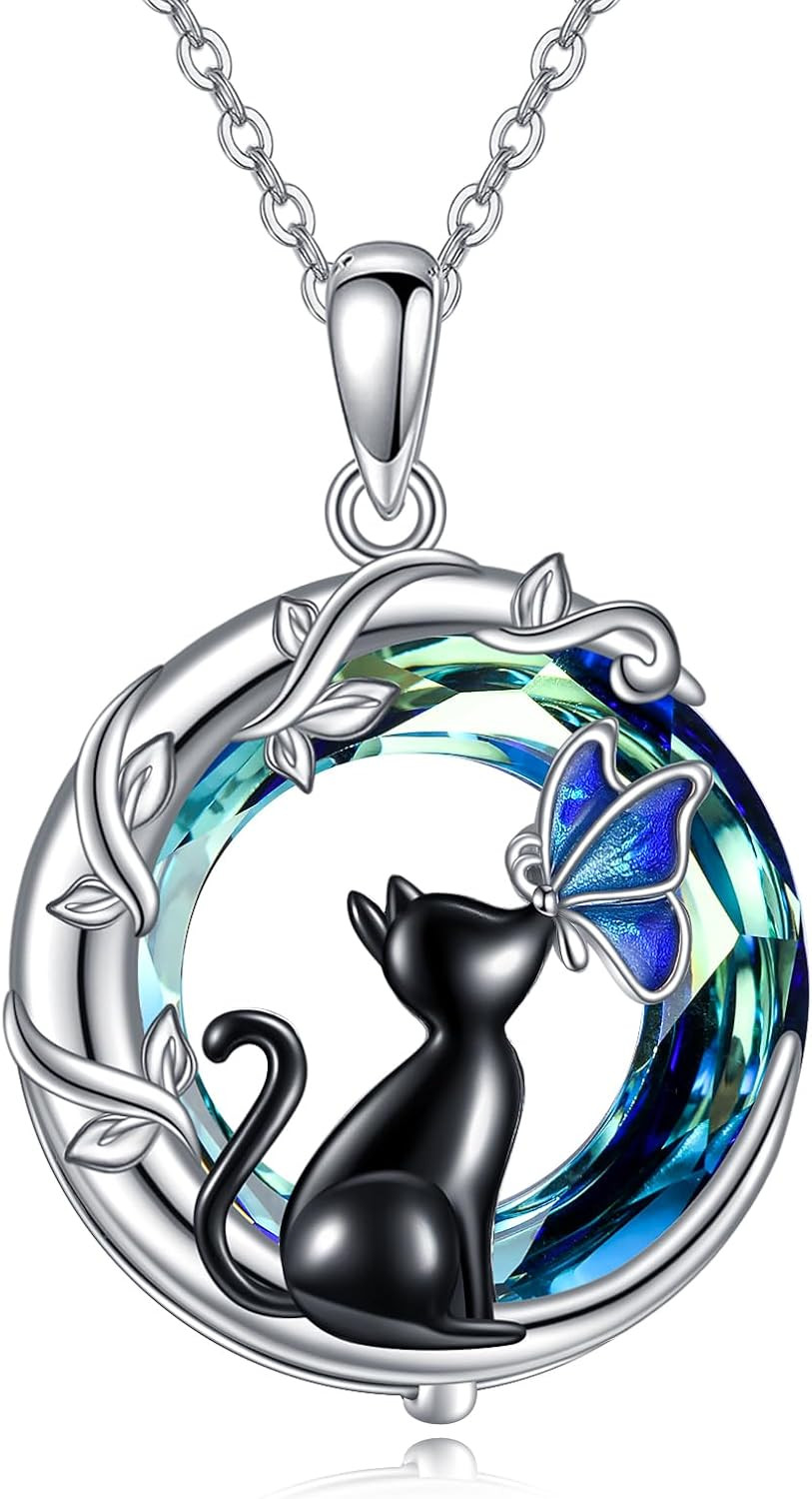 Black Cat Butterfly Necklace 925 Sterling Silver Blue Crystal Pendant Gift Women