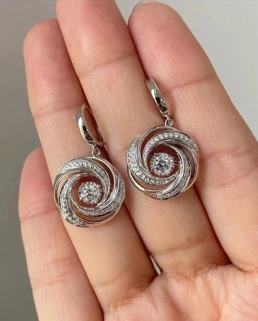 Swirl Shape Drop Clip On Earrings Round Simulated Diamond 14k White Gold Plated