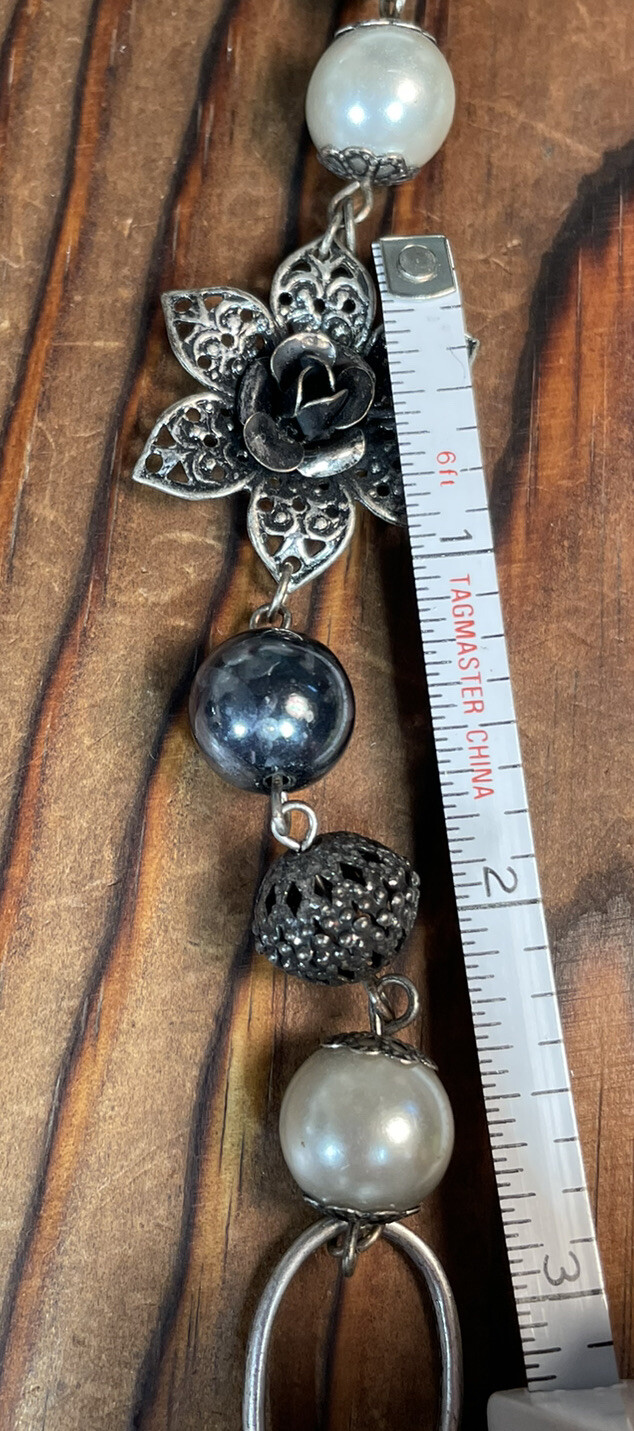 womens jewelry necklace black gray silver bead chain strand 36″ Flower Accent