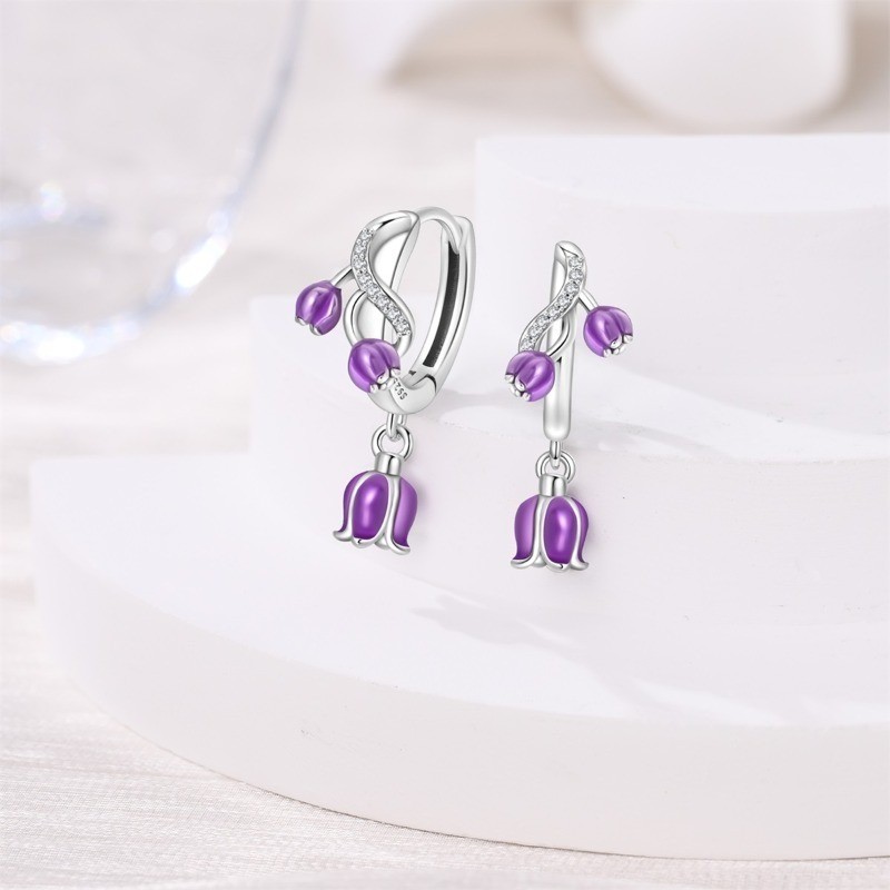 PANDACH 925 Sterling Silver Purple Lily of the Valley Vine Drop Hoop Earrings