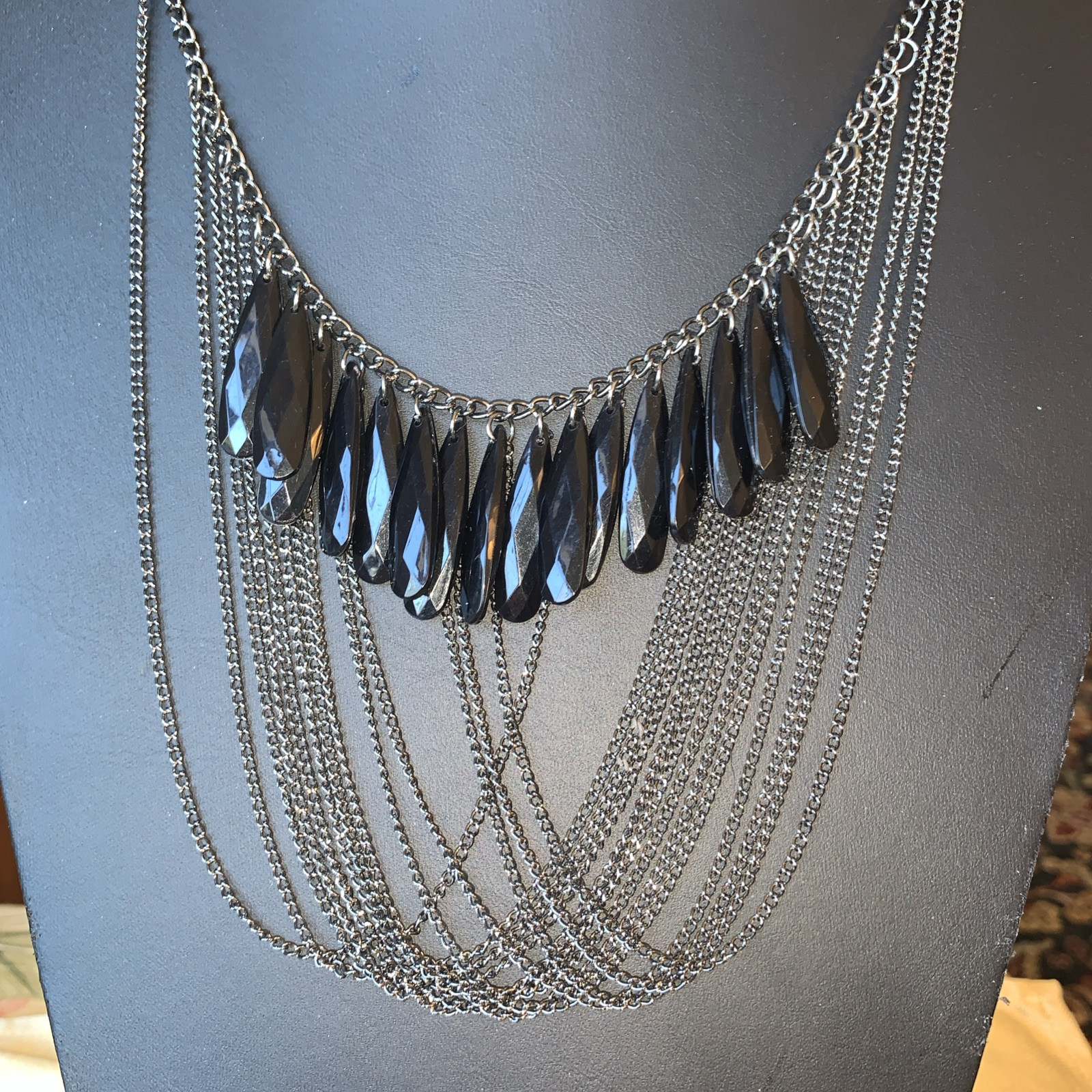 New Gun Metal Draping Chains With Black Accent BeadsStatement Necklace!