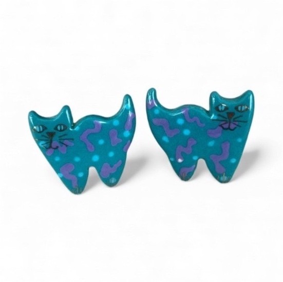 Vintage 90s Hand Painted Ceramic Clip On Cat Earrings