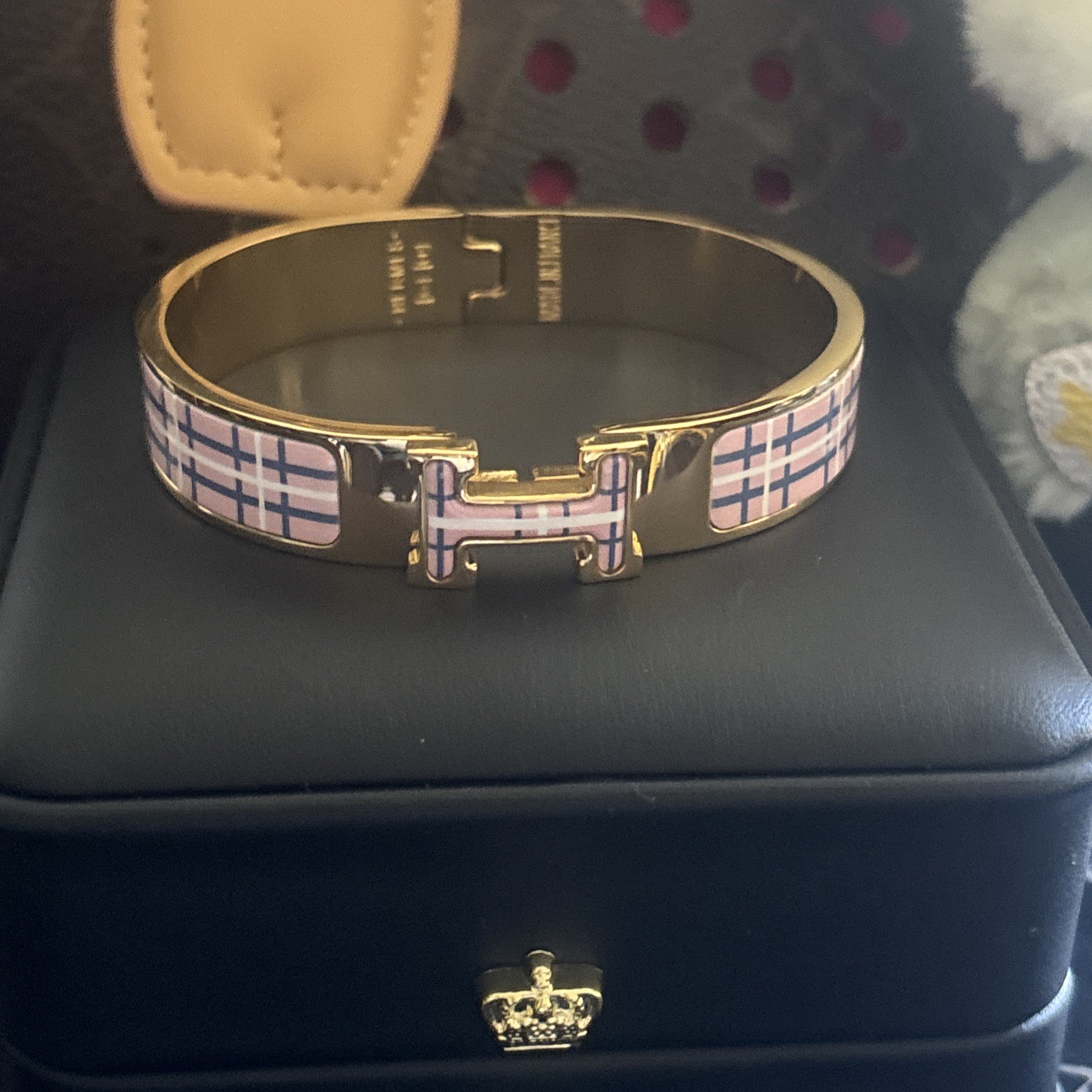 Hermès Inspired Enamel H Bracelet Gold Tone Multicolor Geometric Bangle