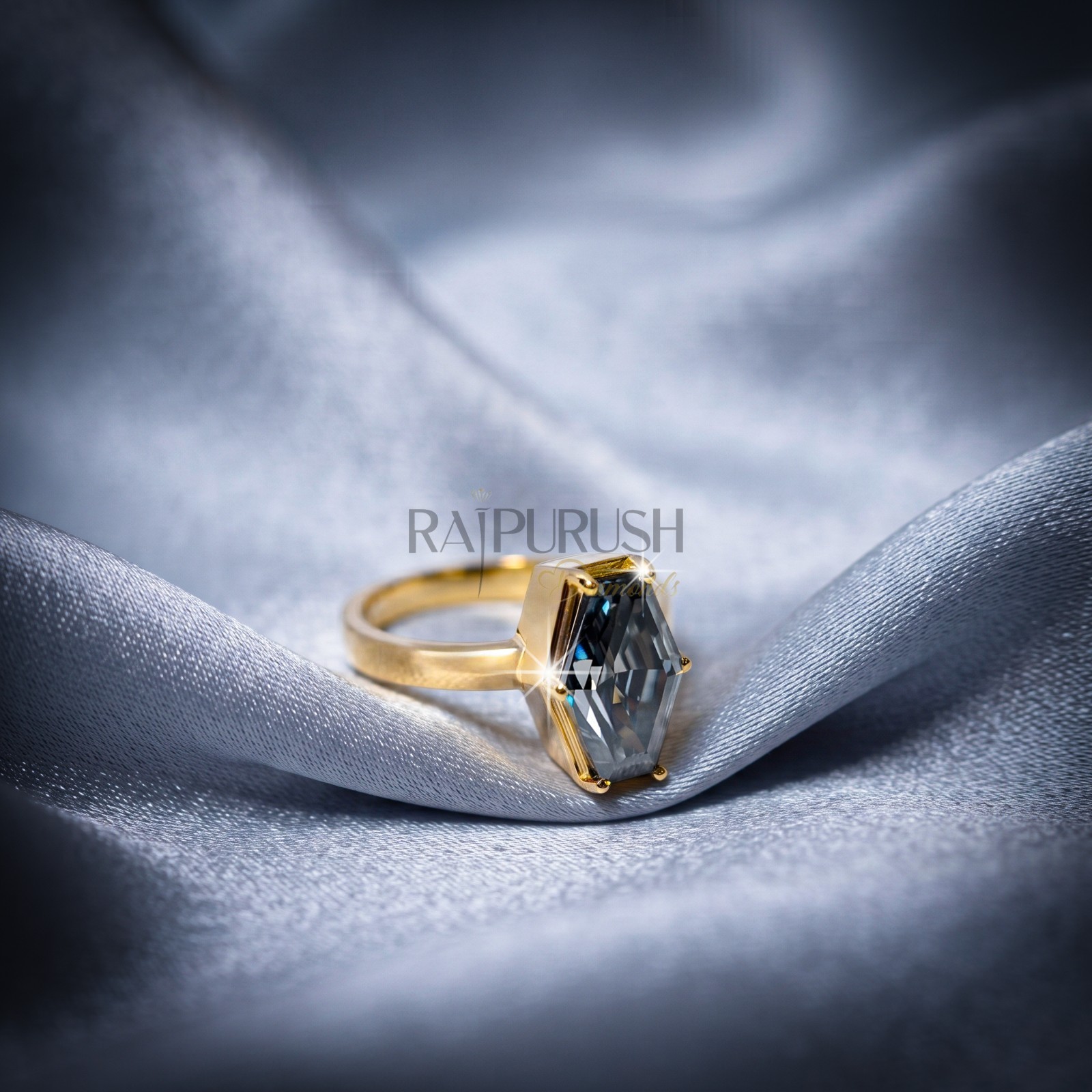 Hexagon Dark Grey Moissanite Engagement Ring 925 Silver Gold Plated Women Gift
