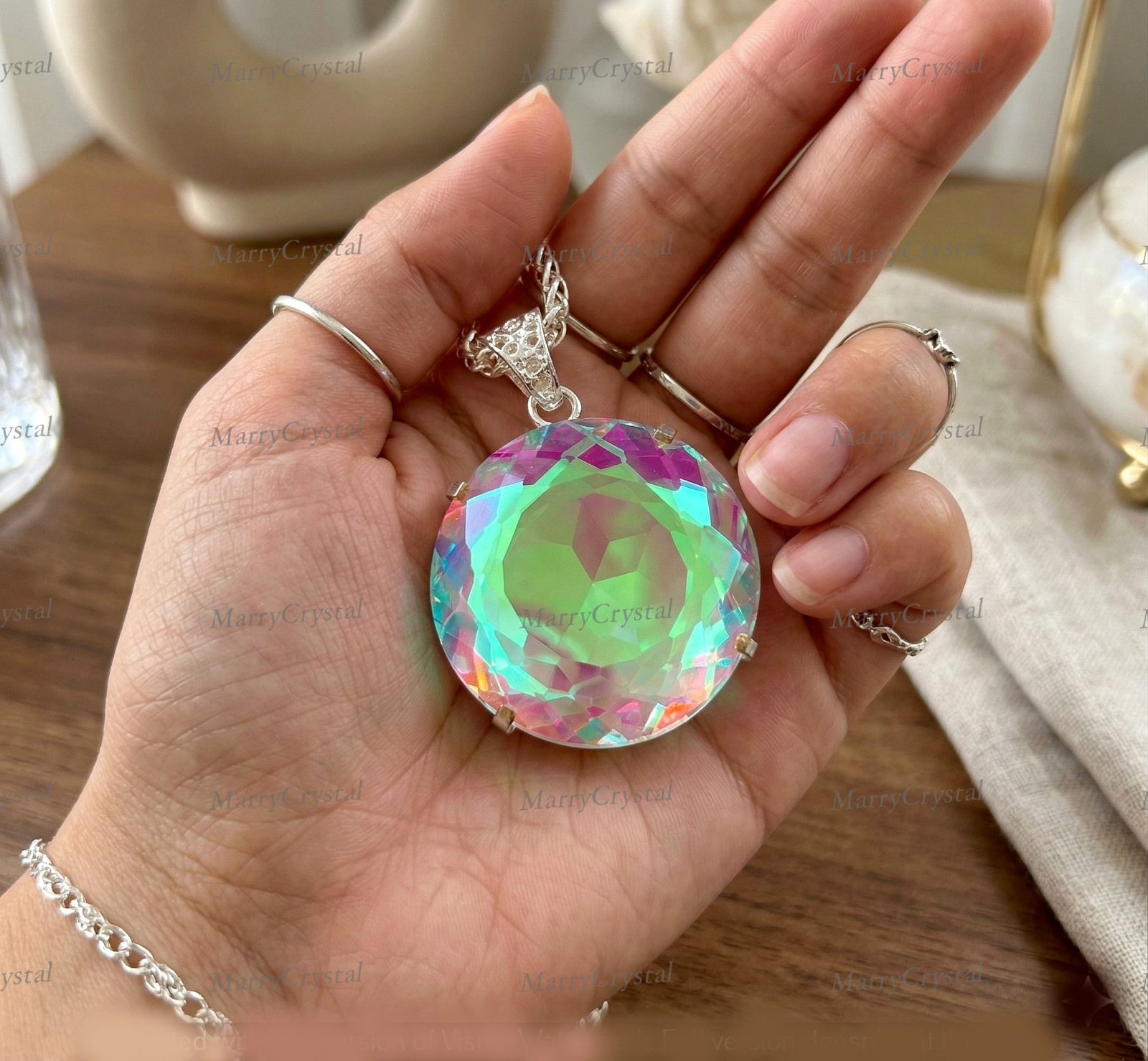 Handcrafted Dichroic Mystic Glass Pendant Necklace, Multi-Color Round Gemstone
