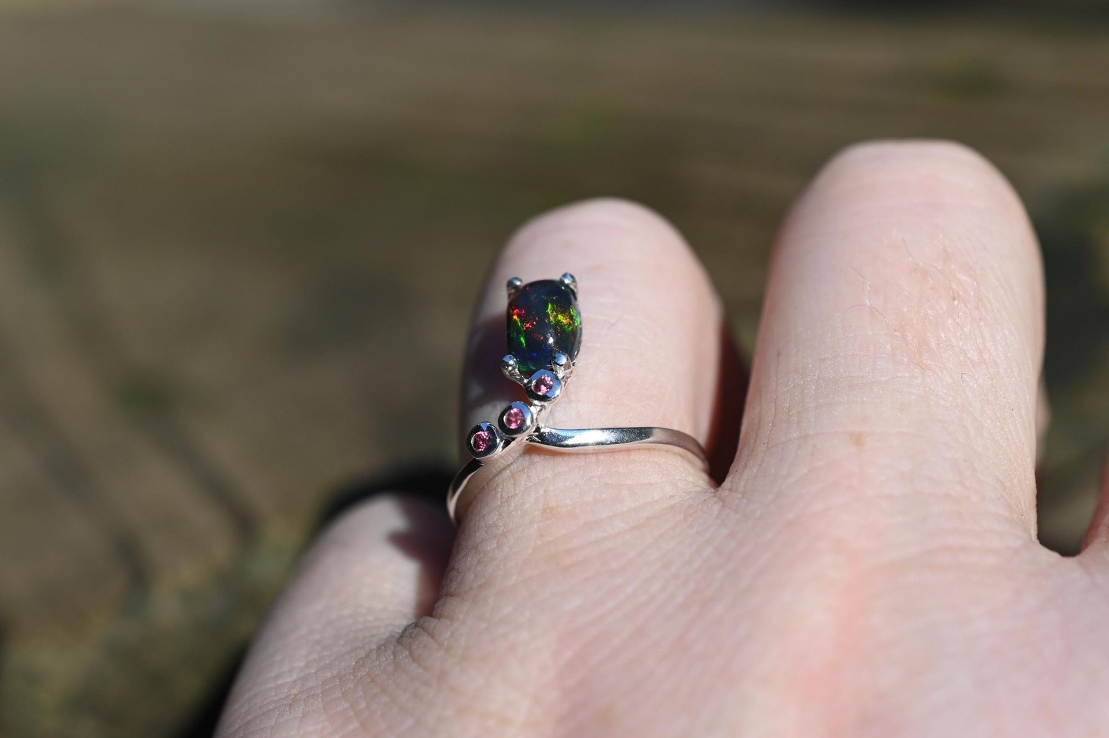 Black opal and garnet in sterling silver size 7, 7.35 7.5, 7.75, 8