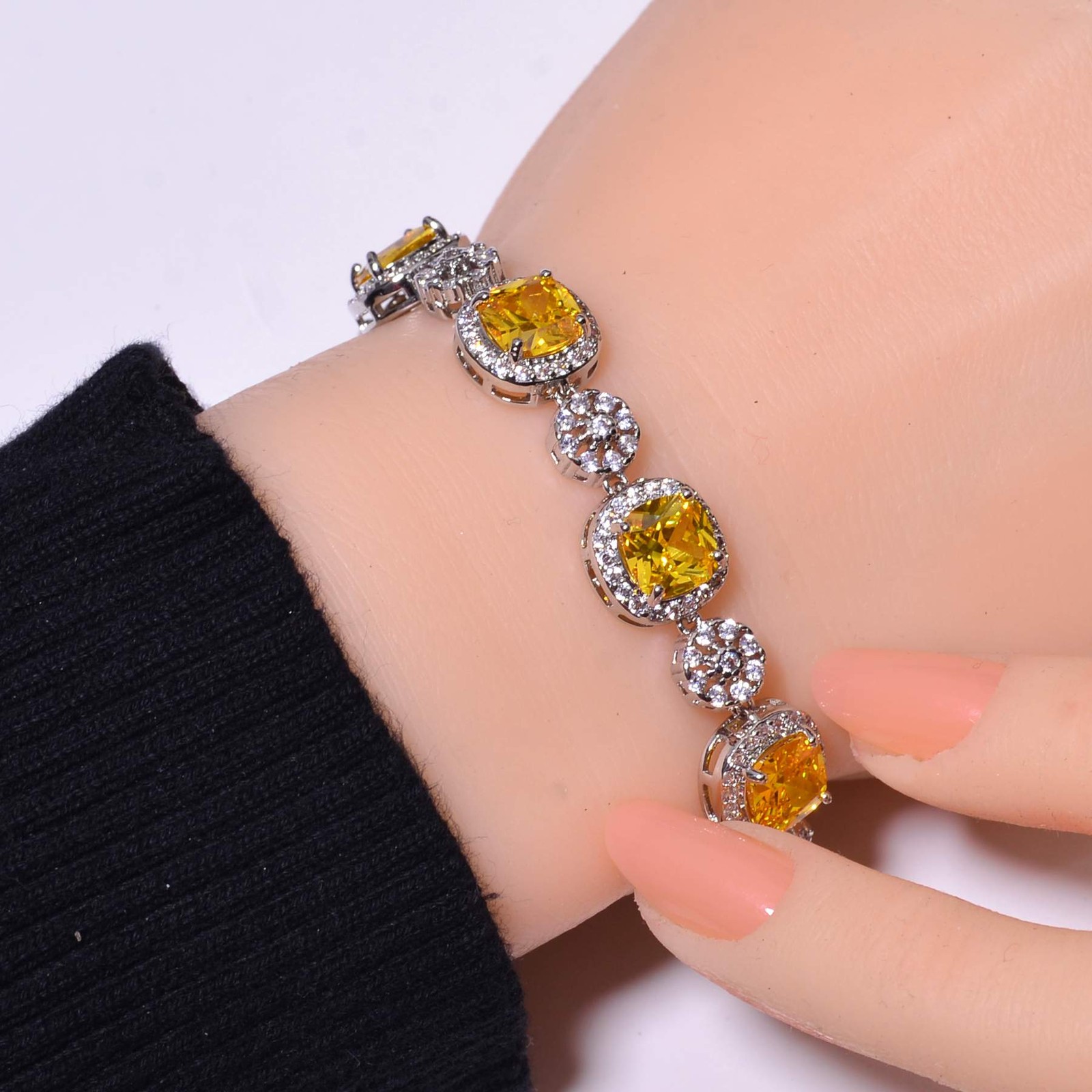 Yellow Sapphire & Cz (Simulated) 925 Sterling Silver Tennis Bracelet 8.99″ B17