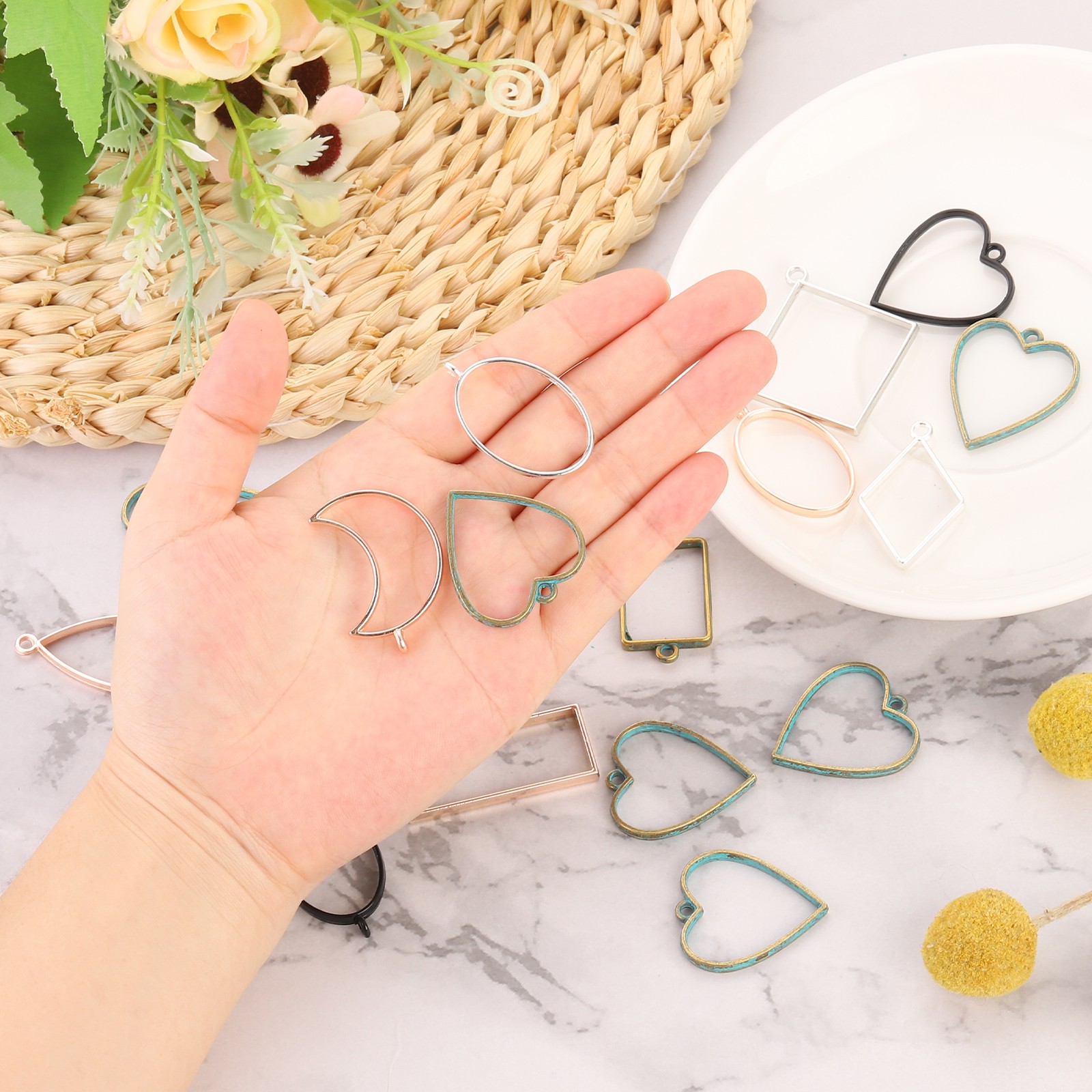 Open Back Bezel Pendants, 50pcs Teardrop Hollow Frame Pendant (Bright Silver)