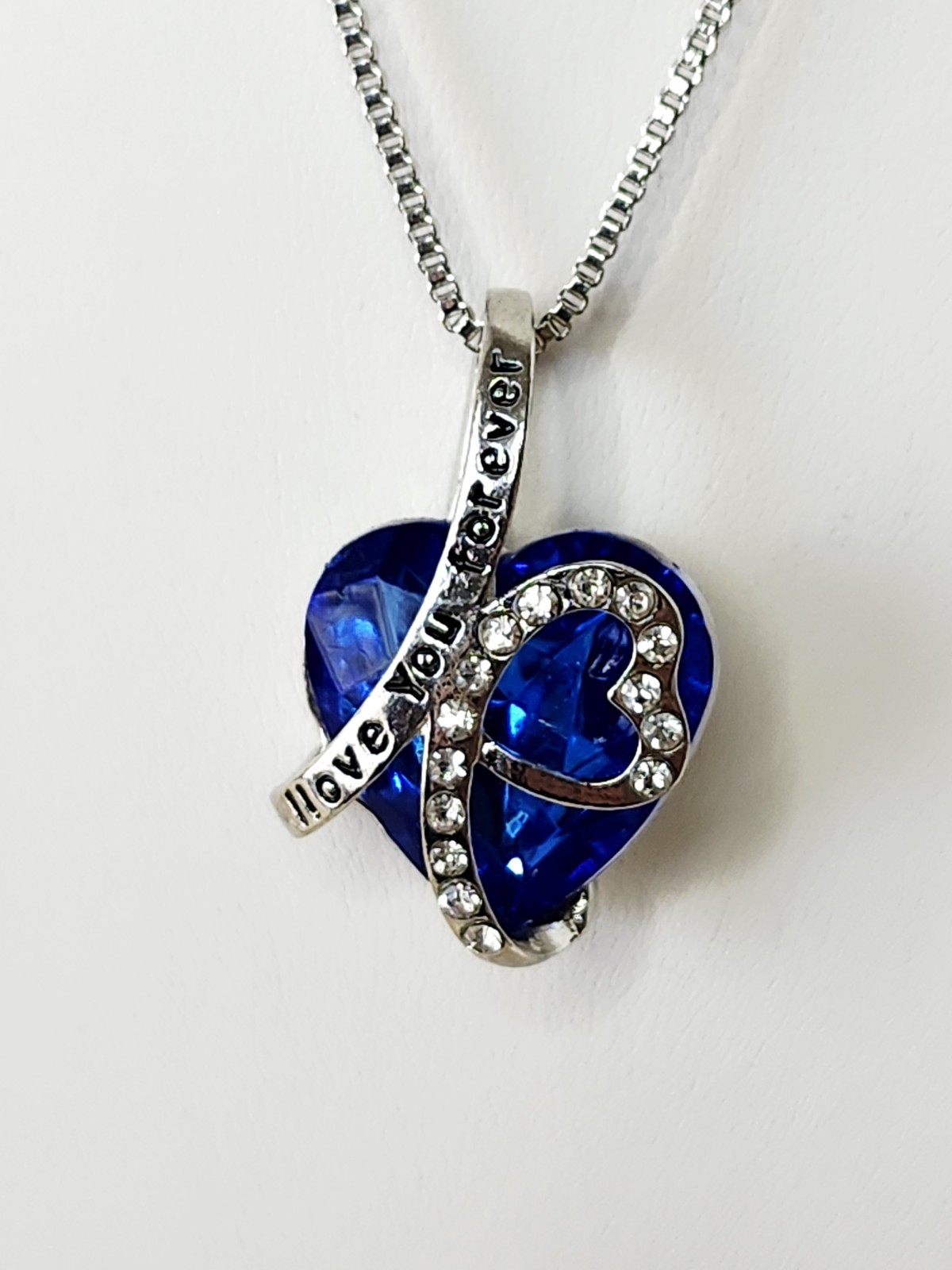 Deep Blue Crystal Heart Rhinestone Necklace – I Love You Forever – 18″