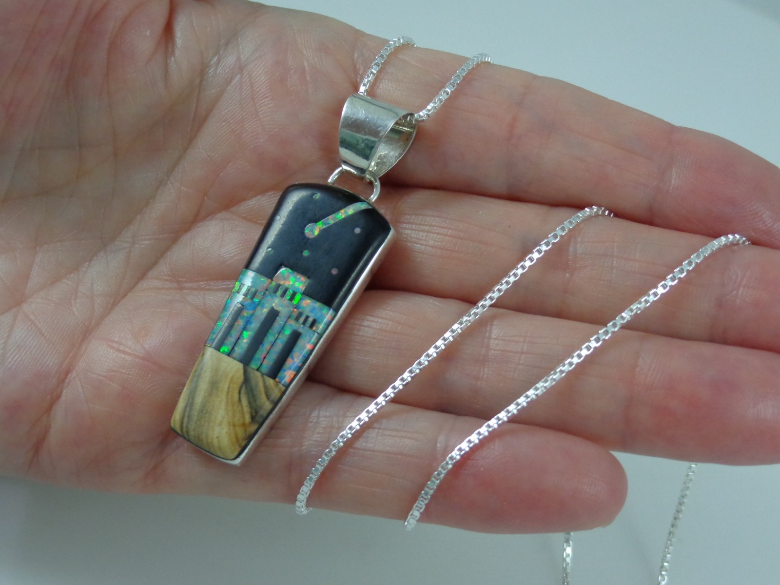 Sterling Silver Jasper Starry Night Lab Opal Three Dwellings Pendant Necklace