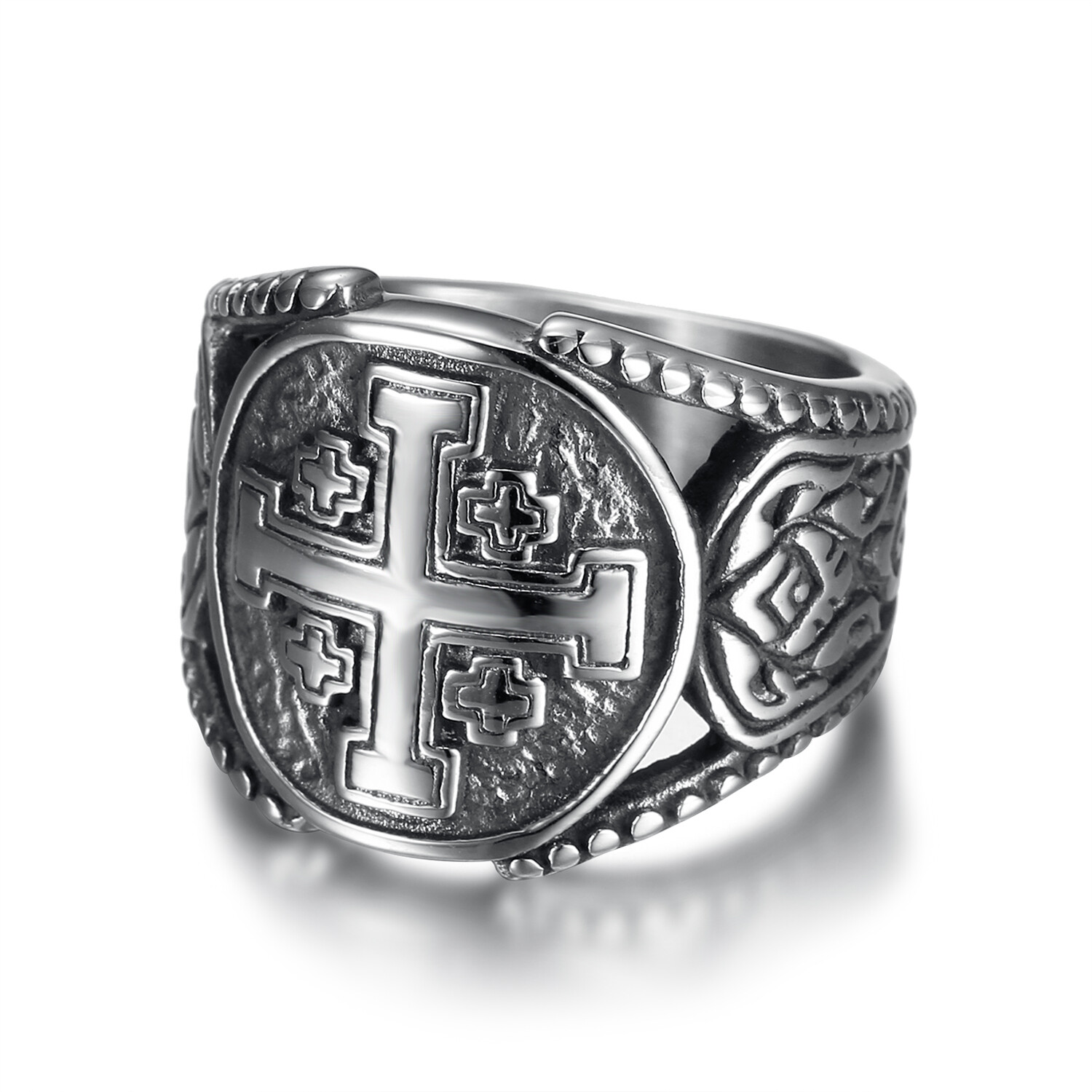 Jerusalem Crosses Round Signet Vintage Men’s Finger Band Rings Christian Gift